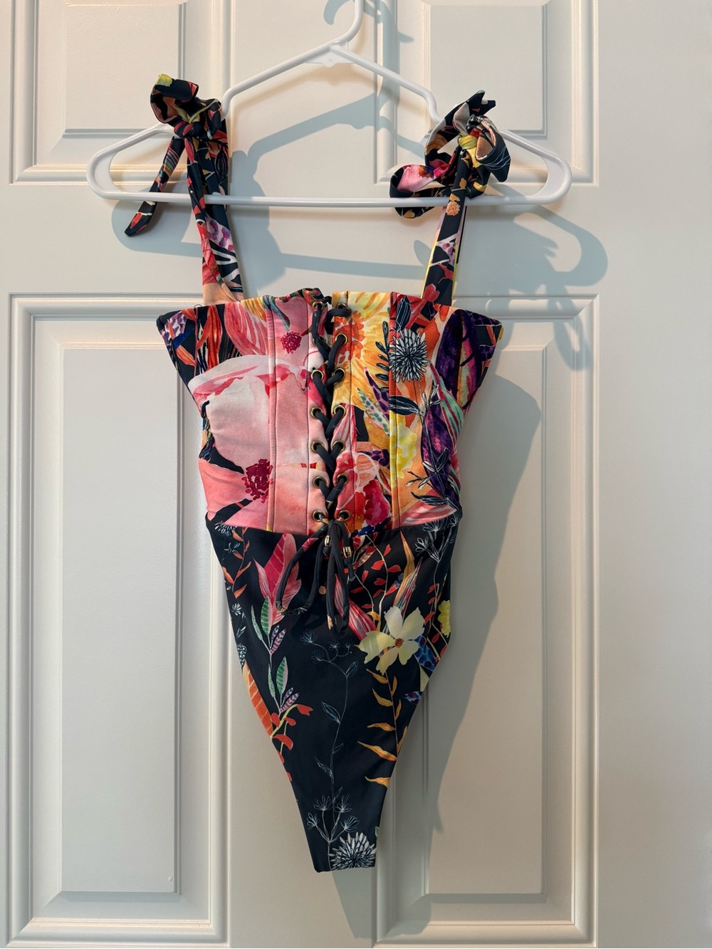 Floral Lace-Up One-Piece Swimsuit - Multicolor
